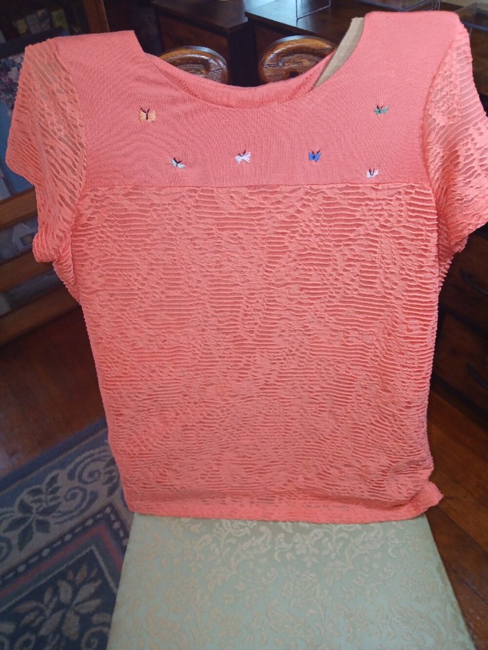 Women's CALVIN KLEIN Orange Peach Mesh Overlay Double layered textured top- S